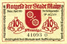 Notgeldschein, der Stadt Mainz, 10 Pf, Johannes Genßfleisch, genannt Gutenberg