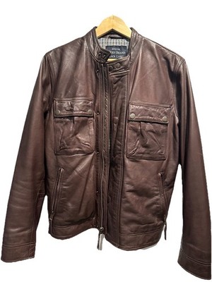 Lucky Brand Black Label Brown Leather Cafe Racer Moto Full Zip Cuff Jacket Men S