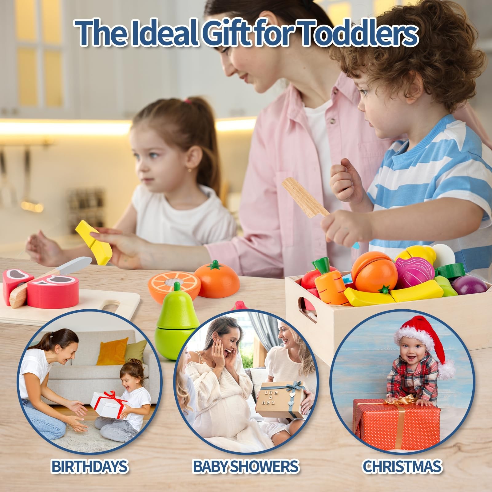 32 Pcs Wooden Play Food Sets for Kids Kitchen Accessories, Montessori Educati...