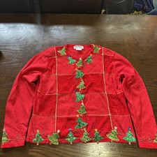 Vtg Jack B Quick Christmas Cardigan Sweater Womens XL Red Sparkly Trees Sequins