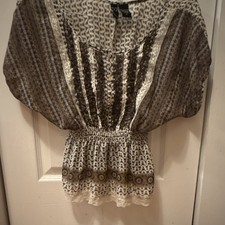 Windsor Brown Geometric Chiffon Tunic Blouse S Button Ruffle Lace