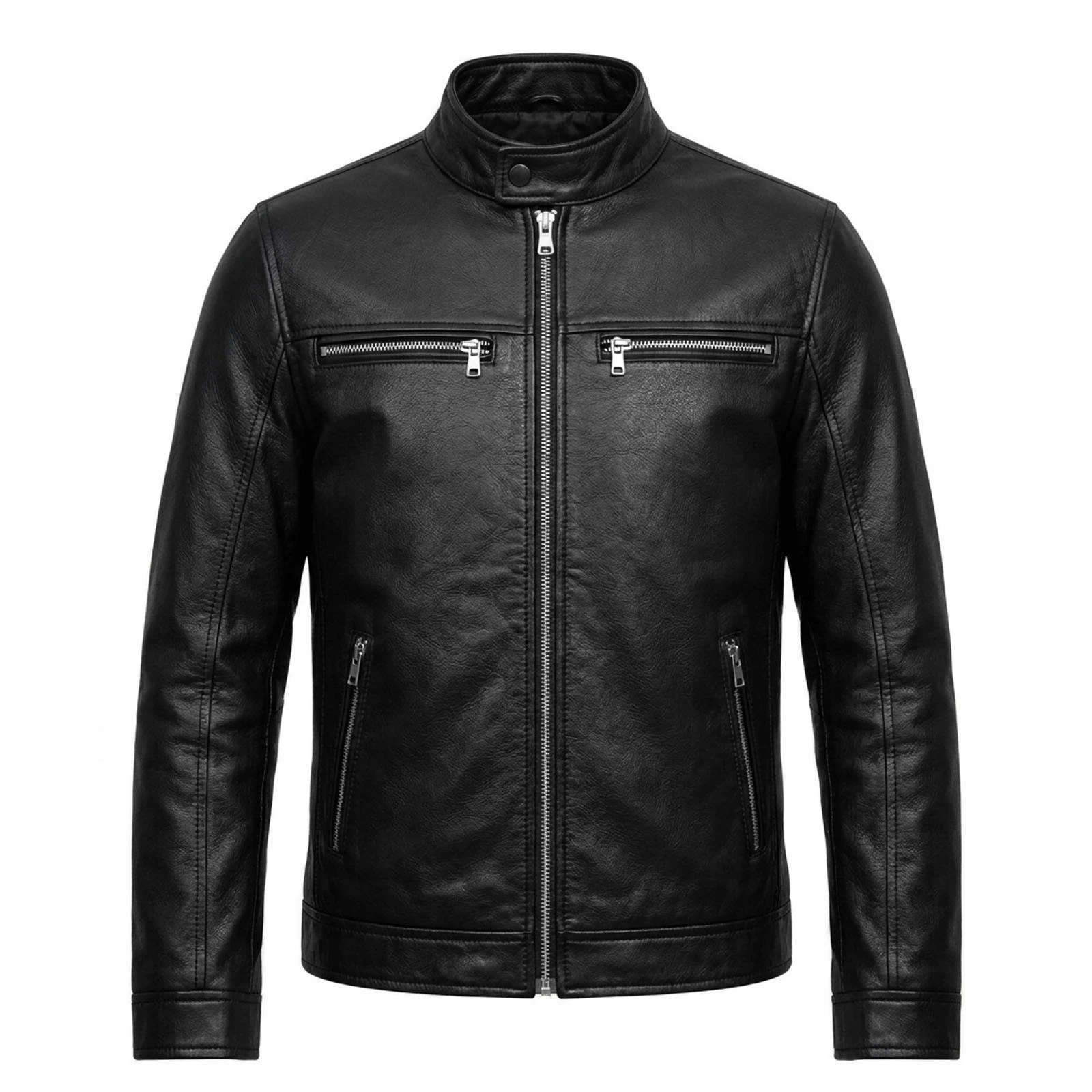 Men Black Real Leather Jacket Classic Cafe Racer Motorcycle Biker Leather Coat - product detail image 2