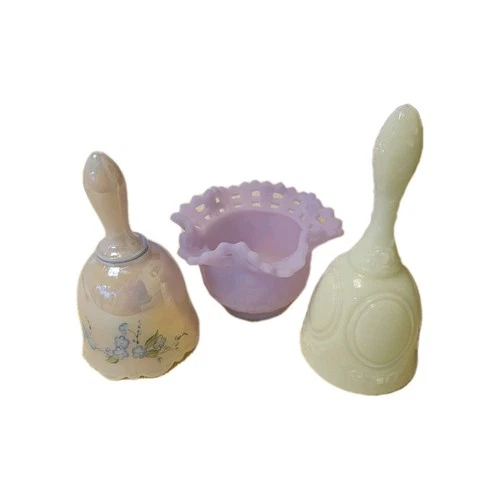 3 Pc Vtg Fenton Lot URANIUM Custard Bell, Signed Irredescent Bell & Lilac Bowl