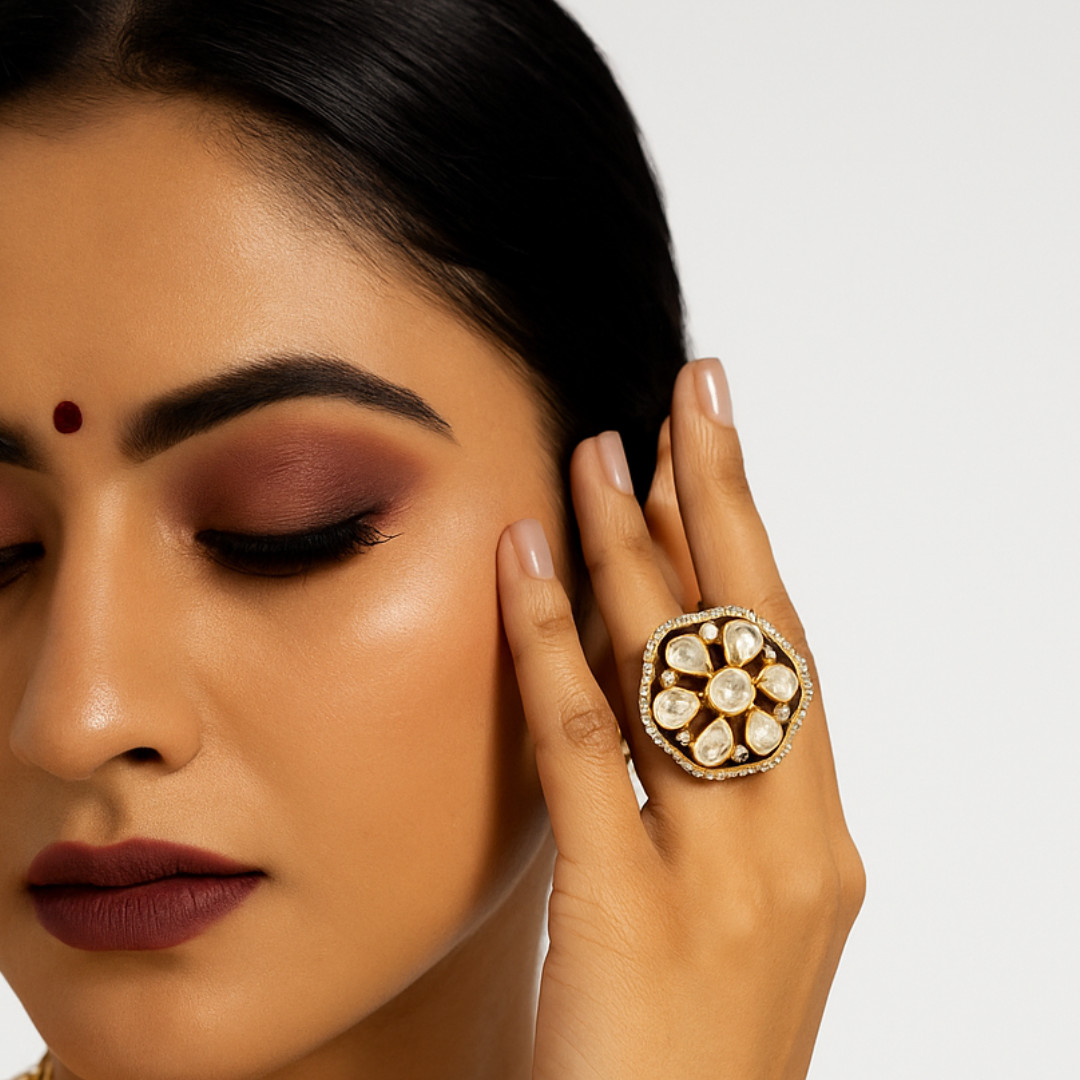 Gajaah 925 Silver Timeless Jaipuri Polki Diamond Floral Ring Indian Heritage