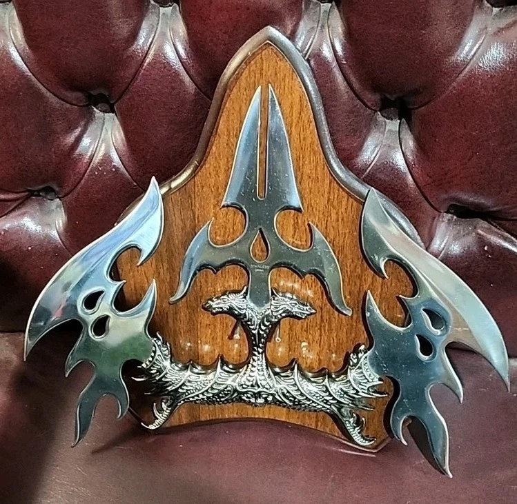 Cuchillo Multi Hoja Dragón Asiático Acero Inoxidable Coleccionable Decoración Pared Con Soporte Foto 2 de 3