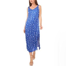 VINCE CAMUTO Women's Blue Printed Ruched-Strap V-Neck Dress Size Small