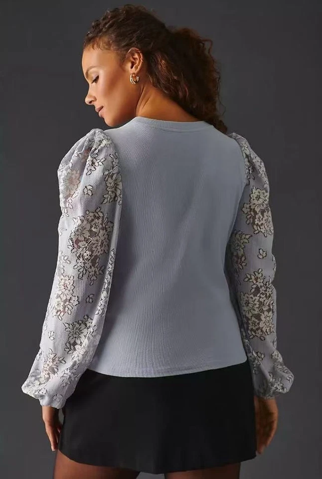 NWOT Anthropologie DOLAN Lace Puff-Sleeve Top Blue Size L Long sleeve - Image 4 of 4