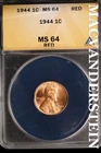 1944 Lincoln Wheat Cent - ANACS MS 64 Red - Scarce  No Reserve  #SLK673