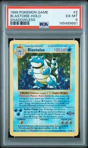 1999 POKEMON BASE SET SHADOWLESS #2 BLASTOISE-HOLO PSA 6