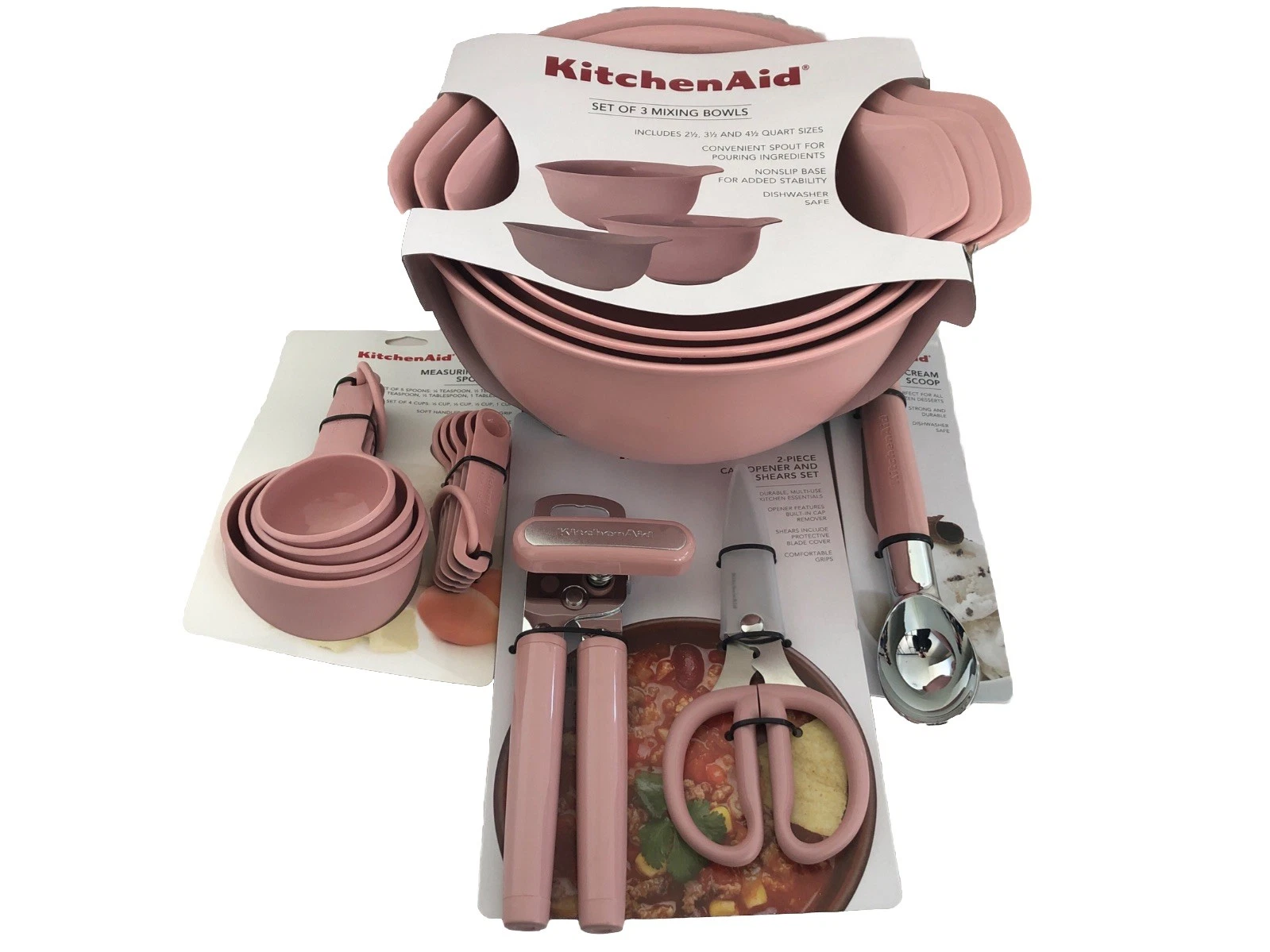 New KitchenAid Dried Rose Pink HDRA 15 Pc Mixing Bowls Can Opener Shears Cups