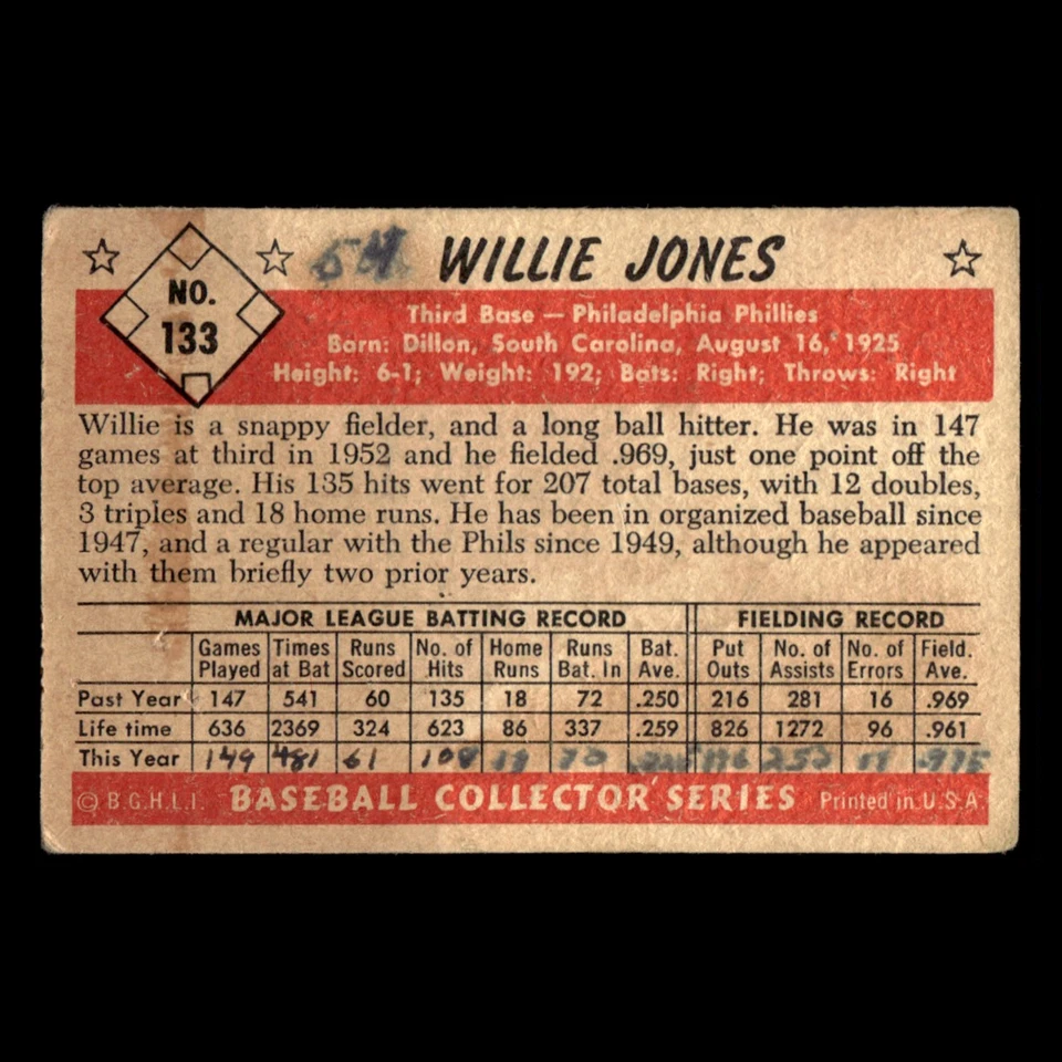 Willie Jones #133 1953 Bowman Color Philadelphia Phillies Baseball Card MLB EX - Image 2 of 3