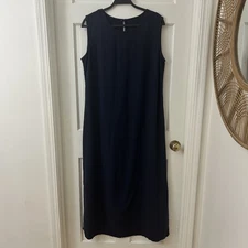Denim & Co. Sleeveless Sz 16 Navy Linen Blend Shift Maxi Dress Side Slits Career
