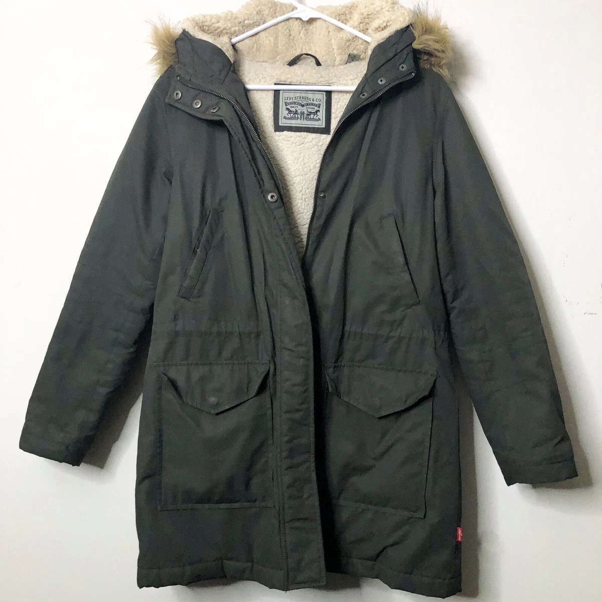 Levi's Women's Size Medium Sherpa Lined Parka Green Jacket Faux Fur Trimmed  Hood