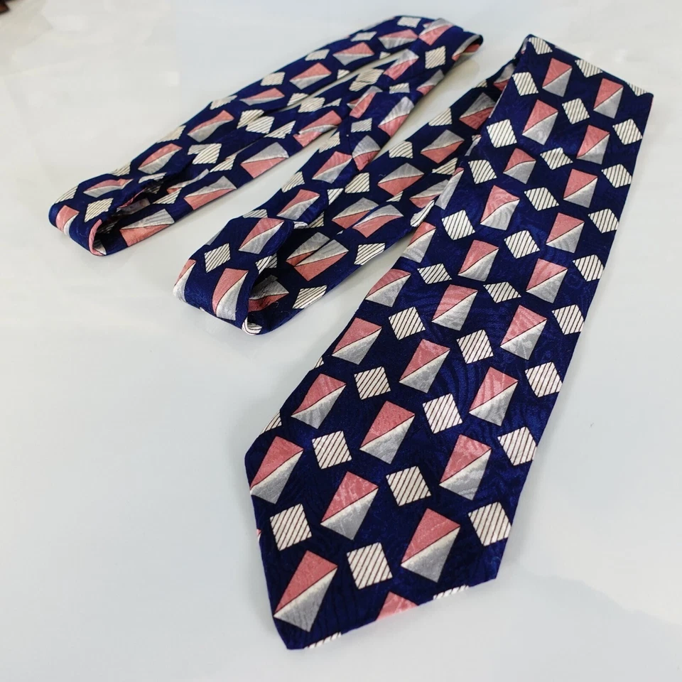 GEOFFREY BEENE Neck Tie Mens Blue Navy Pink Silk Suit Contemporary Bold WIDE - Image 4 of 4