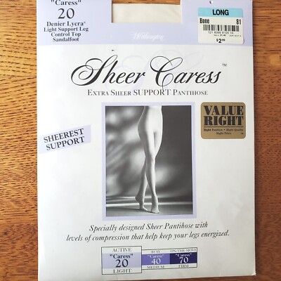 New JC Penney s Sheer Caress Extra Sheer Support Pantyhose LONG BONE Compression