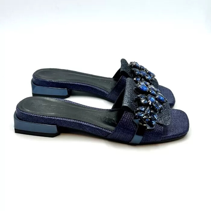 Zapatillas Lorenzo Mari En Rafia Azul, Abrazadera Joya Talón 2 CM Art. Samu 02