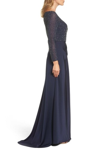LA FEMME Navy Beaded Embellished Sheer Mesh Bodice Pleated Maxi Gown Dress 8 = M - Picture 4 of 12