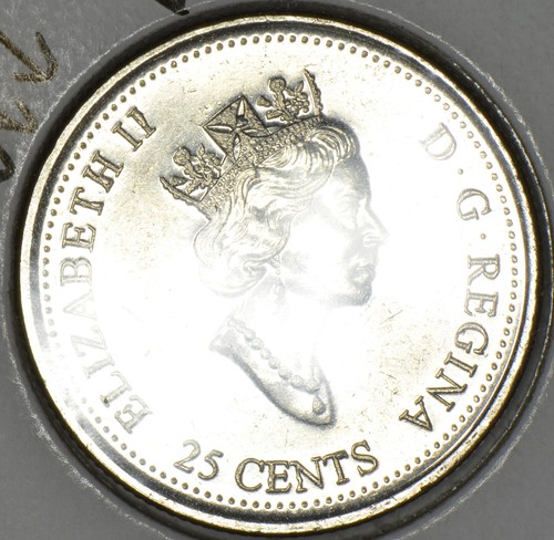 canada 25 cents 1999 august with die chip on obverse -slightly