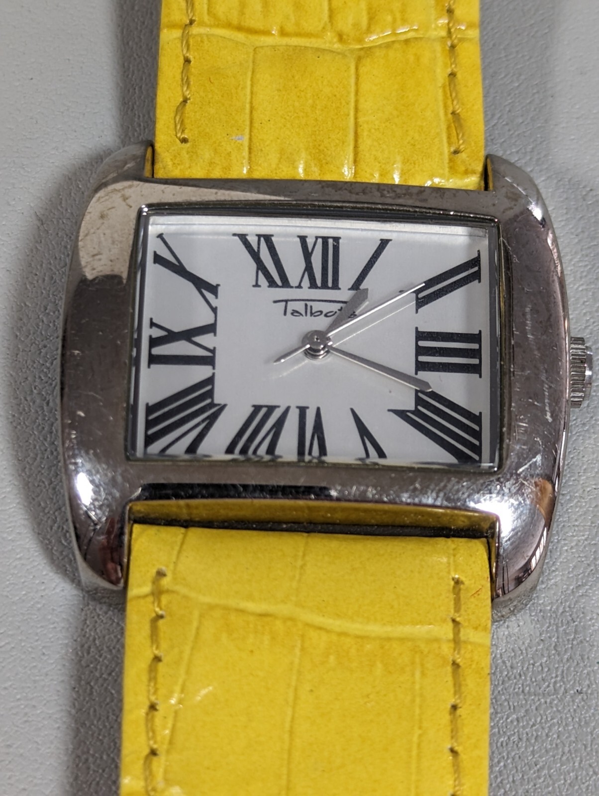 Talbots Silver Tone Dial Rectangle Case Yellow Le… - image 1
