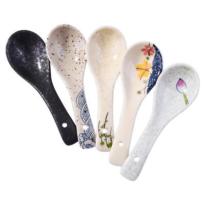 Japanese Soup Spoons Set of 5 Delicate Asian Ceramic Ramen Spoon Suitable for...