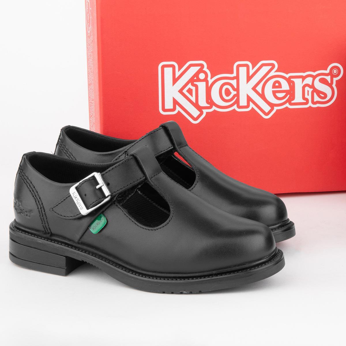 Kickers Girls Shoes Black Kids Flat Bar Leather School Lach SIZE