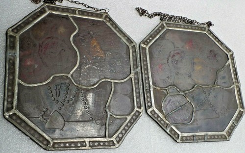 Bleiverglasung 2x seltene Antiquität Glasmalerei- Ätzung "Rosenbuquett" sign. WK - Bild 2 von 3