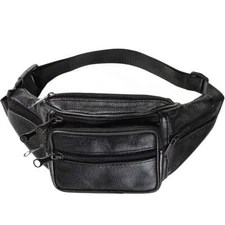 Genuine Leather Fanny Pack Multi Zippered Waist Bag Hip Belt Purse Black Pouch