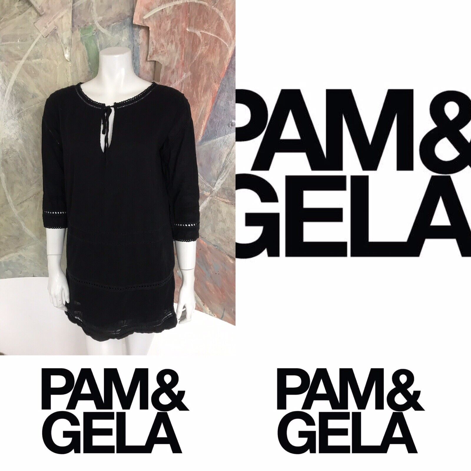 Pam & Gela Black Embroidered Short Drawstring Key… - image 1