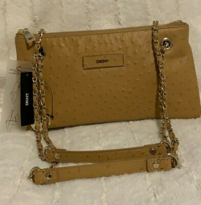 NWT Donna Karan New York Tan Ostrich Leather Adjustable Chain Clutch & Crossbody