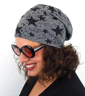 Ella Jonte Long Beanie Slouch Mütze 3 Farben Sterne blau grau schwarz Unisex