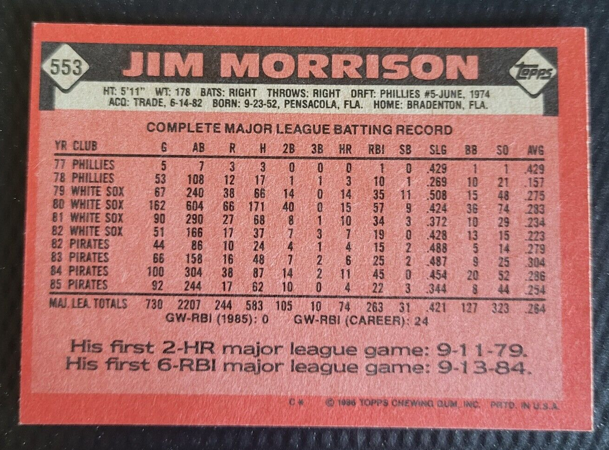 1986 Topps TCG 3B-2B JIM MORRISON Pittsburgh Pirates MLB Baseball