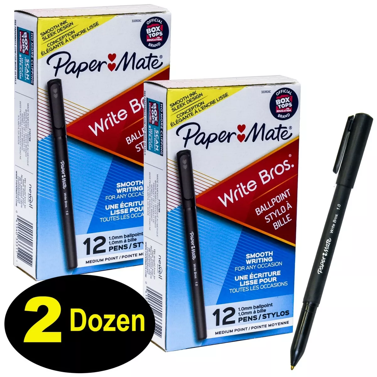 Paper Mate Write Bros 1.0 3331131C Black Ballpoint Pens, Medium Point, 2  Dozen