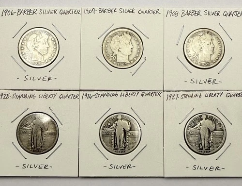 Six(6)-Silver Quarters-3 Barbers + 3 Standing Liberty Silver Quarters-6 Coin Lot