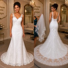 V Neck Spaghetti Strap Mermaid Wedding Dress Lace Applique Low Back Bridal Gown