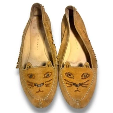 Charlotte Olympia Tan Suede Mokassin Beaded Kitty Cat Face Flats Size 7.5