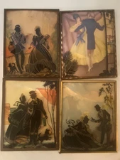Lot of 4 Antique Silhouette Convex Glass Framed Art Courting Couple Vintage 4x5"