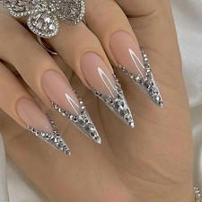 Long Stiletto Press on Nails Sliver French Tip Fake Nails Glitter Glue on Nai...