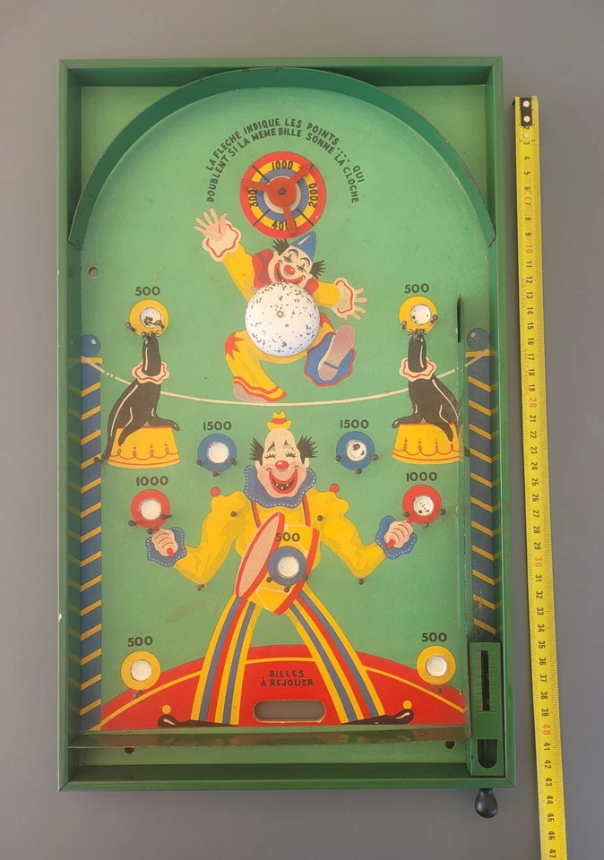 ancien flipper bois carton tole clown otaries avec 3 billes - Photo 2/4