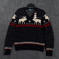 Polo Ralph Lauren Sweater Mens Medium Blue Merino V Neck Holiday Knit Pullover