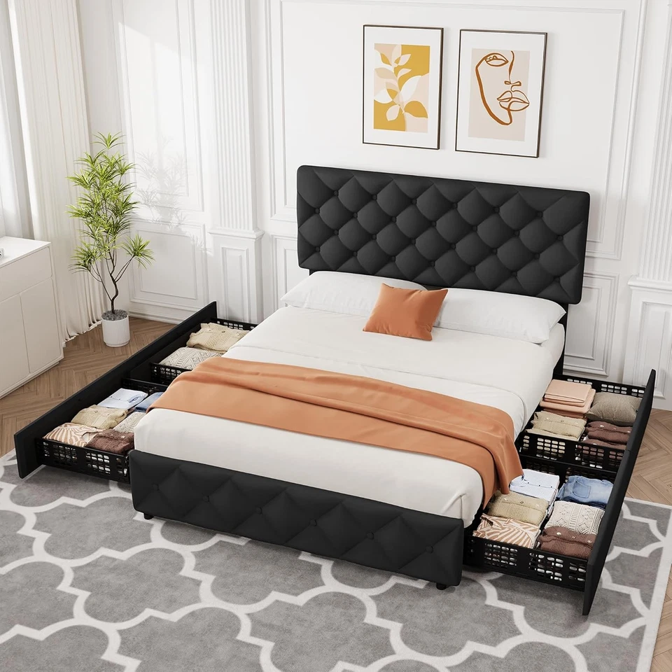 Queen Size Bed Frame 4 Drawers Headboard Linen Upholstered Platform Beds Storage - Image 4 of 4
