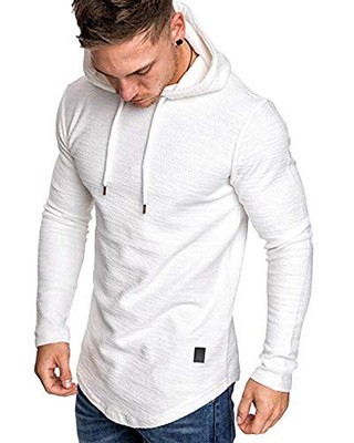  Mens Fashion Athletic Hoodies Sport Sweatshirt Solid Color Fleece Medium White