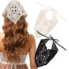 2 Pcs Cute Knitted Crochet Head Scarf, Hollow Crochet Bandanas, Vintage Scarf He