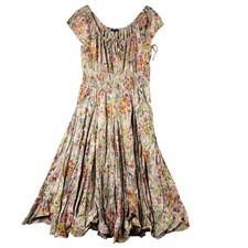 Phool Womens Size XL Floral 100% Cotton Smocked Waist Crinkle Skirt Midi Dress