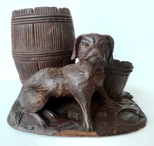 Charming c1900 Black Forest Wood Carved Spaniel Dog w Barrels Cigar Match Holder