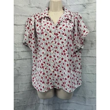 Vintage M&S Blouse St Michael Red Cream Tulip Print Collars Size 14 Cottagecore