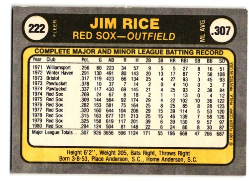 1981 Fleer #222 Jim Rice Boston Red Sox - Picture 2 of 2