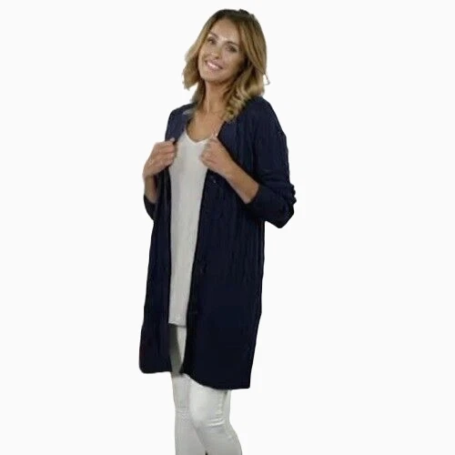 Cárdigan Lisa Rinna Tejido con Cable Plumero Talla XS Azul Marino Grueso Túnica Botones A383786 Foto 2 de 4