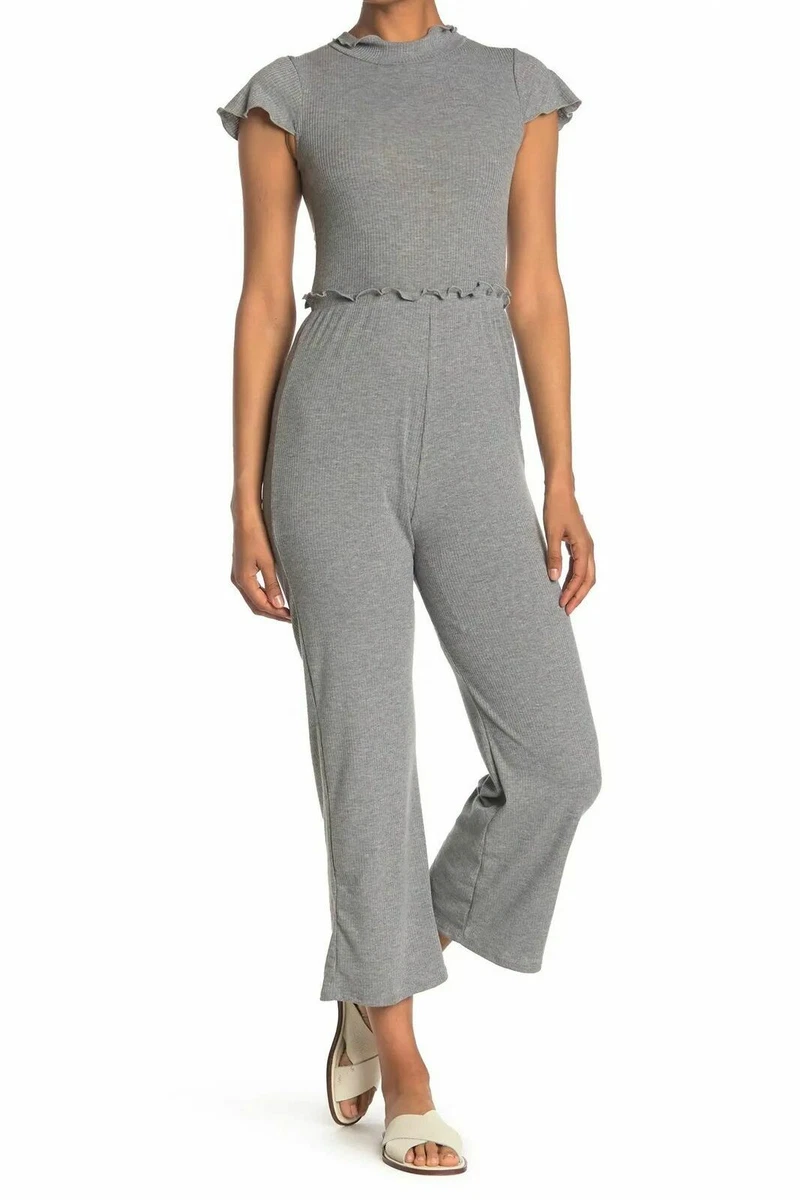 Velvet Torch Women s Ribbed Heather Short Sleeve Cropped Jumpsuit Gray XS NWT