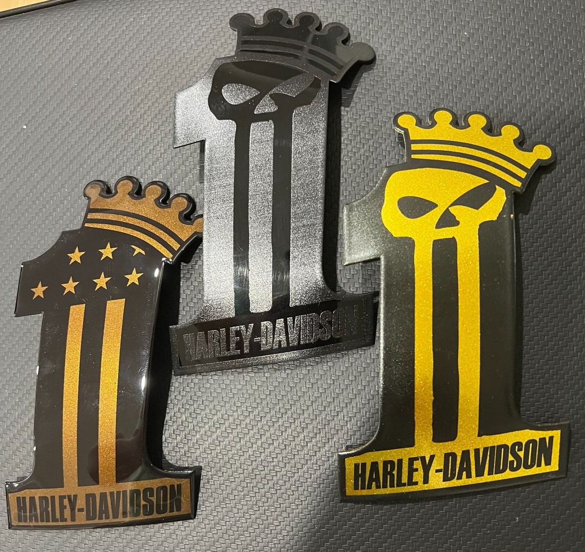 Custom metal tank emblems, Harley #1 King badges