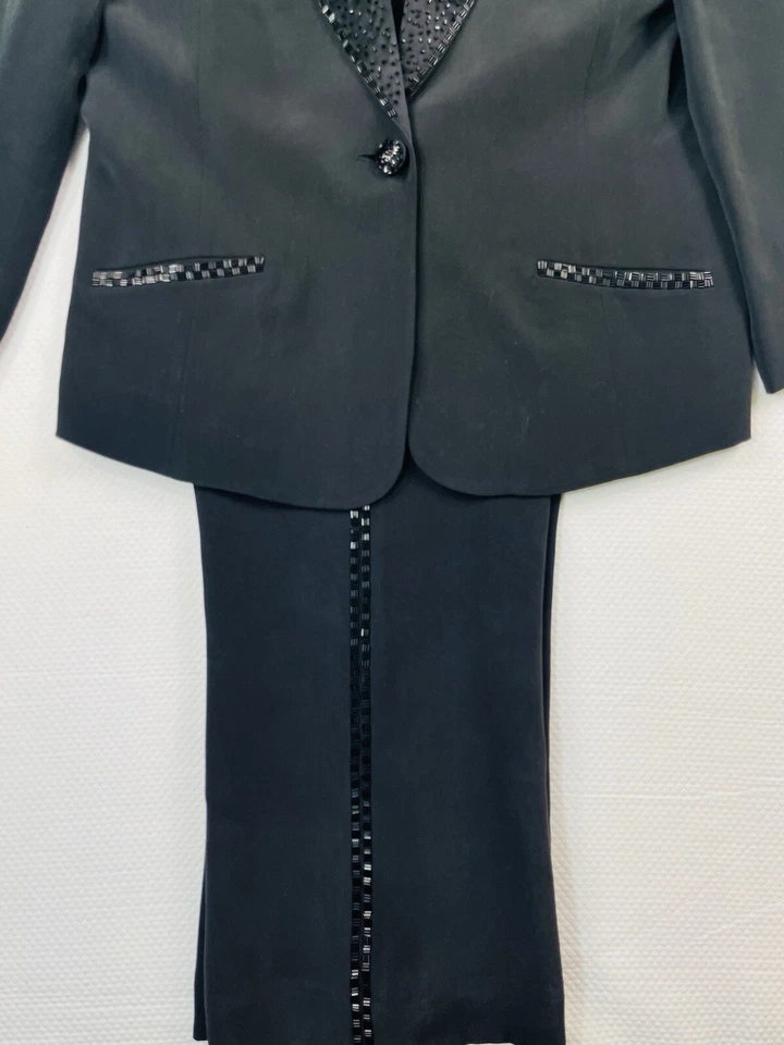Impresionante traje pantalón esmoquin secuenciado 100 % seda negro Bloomingdales vintage 2 piezas Foto 3 de 4